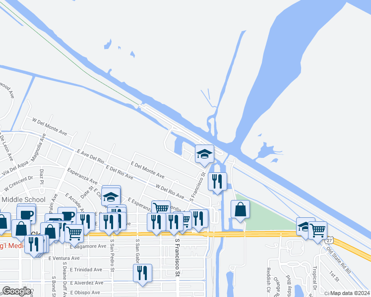 map of restaurants, bars, coffee shops, grocery stores, and more near 707 Hoover Dike Road in Clewiston