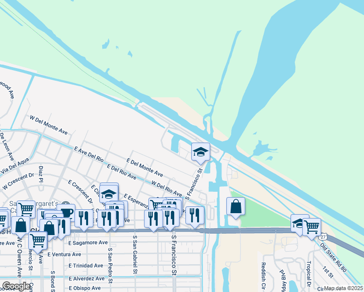 map of restaurants, bars, coffee shops, grocery stores, and more near 707 Hoover Dike Road in Clewiston