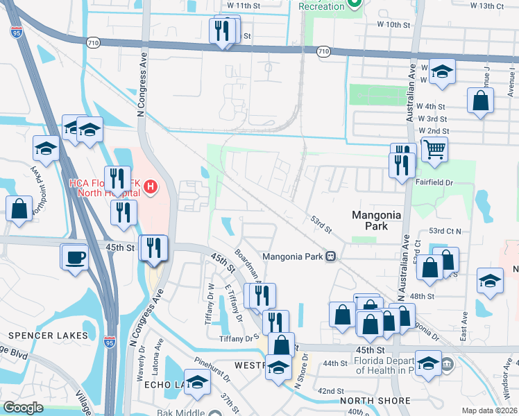 map of restaurants, bars, coffee shops, grocery stores, and more near 1492 53rd Street in West Palm Beach