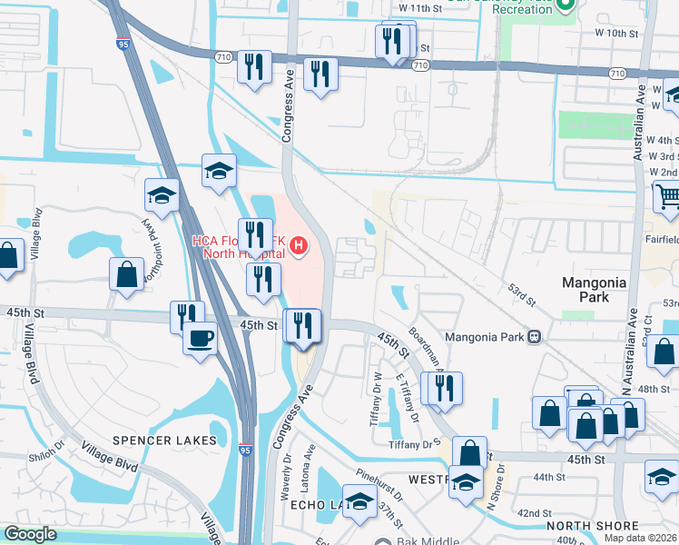 map of restaurants, bars, coffee shops, grocery stores, and more near 4636 North Congress Avenue in West Palm Beach