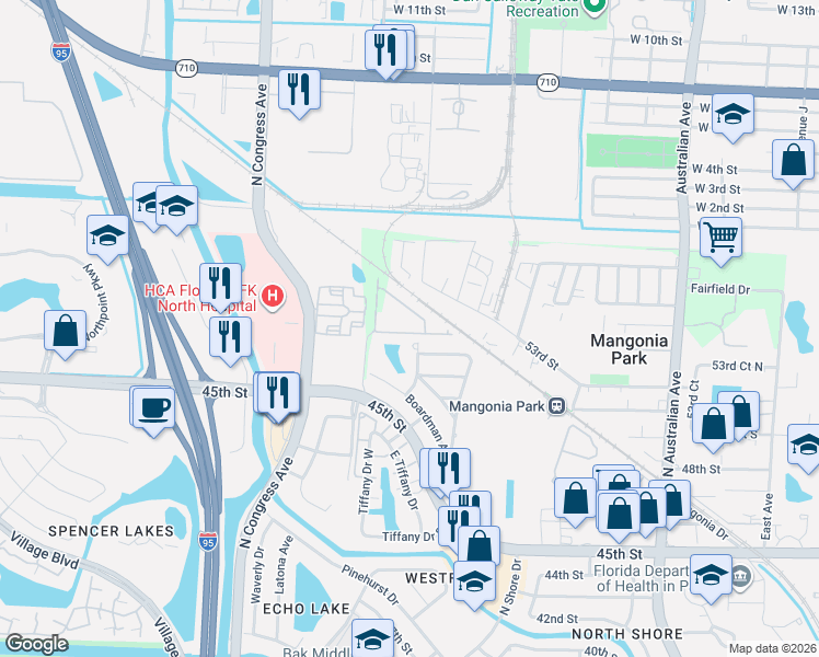 map of restaurants, bars, coffee shops, grocery stores, and more near 5633 Mentmore Drive in Mangonia Park