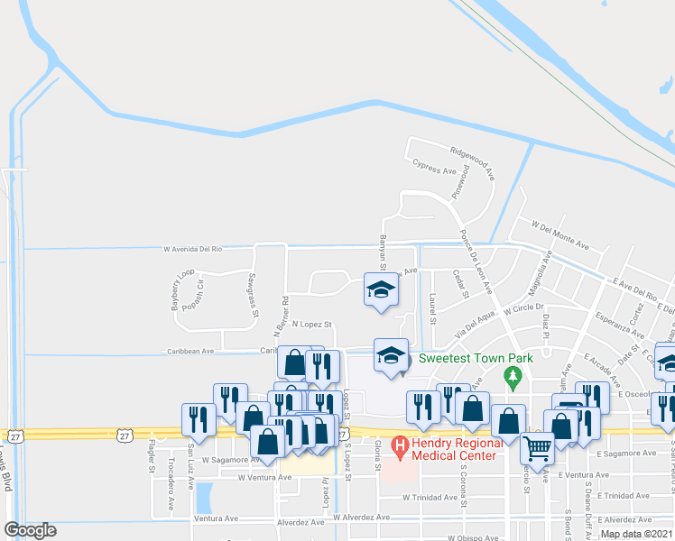map of restaurants, bars, coffee shops, grocery stores, and more near 602 Ridgeview Circle in Clewiston