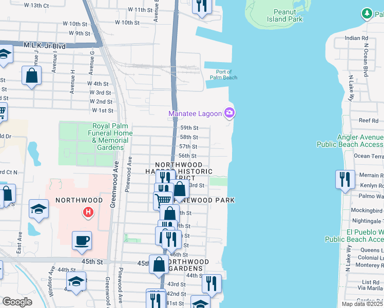 map of restaurants, bars, coffee shops, grocery stores, and more near 428 57th Street in West Palm Beach