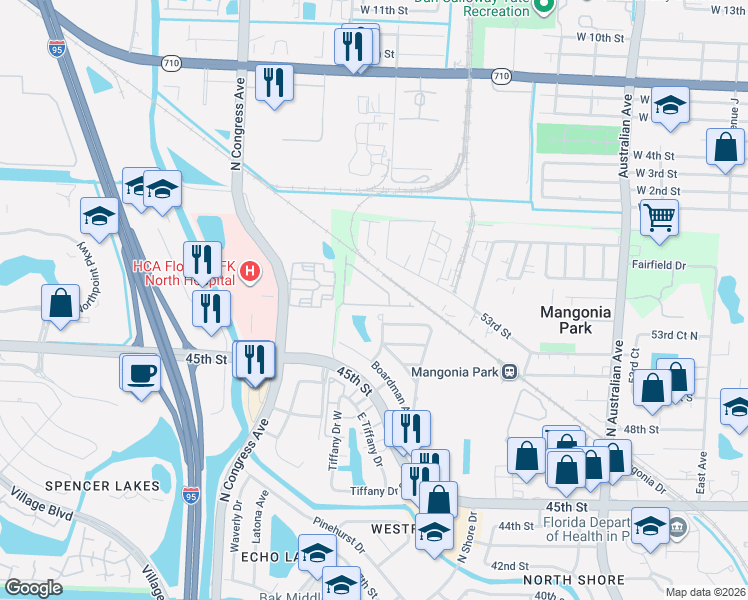 map of restaurants, bars, coffee shops, grocery stores, and more near 5633 Mentmore Drive in Mangonia Park
