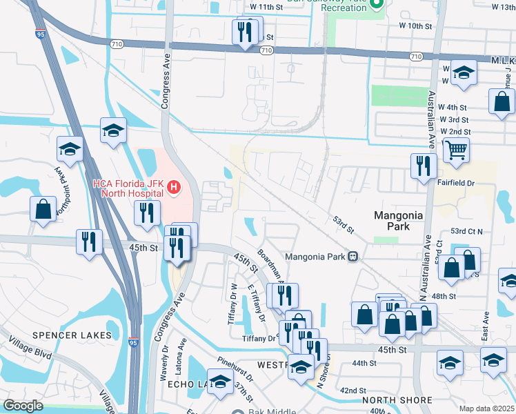map of restaurants, bars, coffee shops, grocery stores, and more near 5633 Mentmore Drive in Mangonia Park