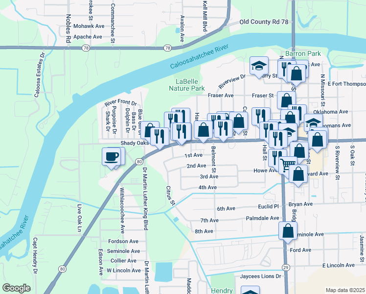 map of restaurants, bars, coffee shops, grocery stores, and more near 500 West Hickpochee Avenue in LaBelle