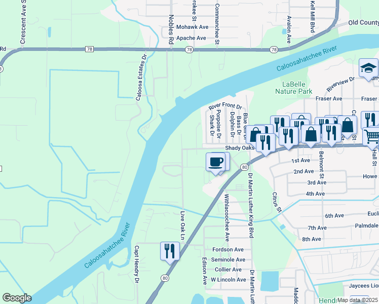 map of restaurants, bars, coffee shops, grocery stores, and more near 467 Live Oak Lane in LaBelle