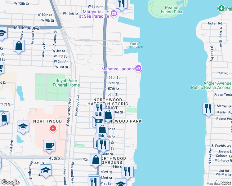map of restaurants, bars, coffee shops, grocery stores, and more near 428 57th Street in West Palm Beach