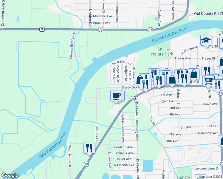 map of restaurants, bars, coffee shops, grocery stores, and more near 900 Aqua Isles Boulevard in LaBelle