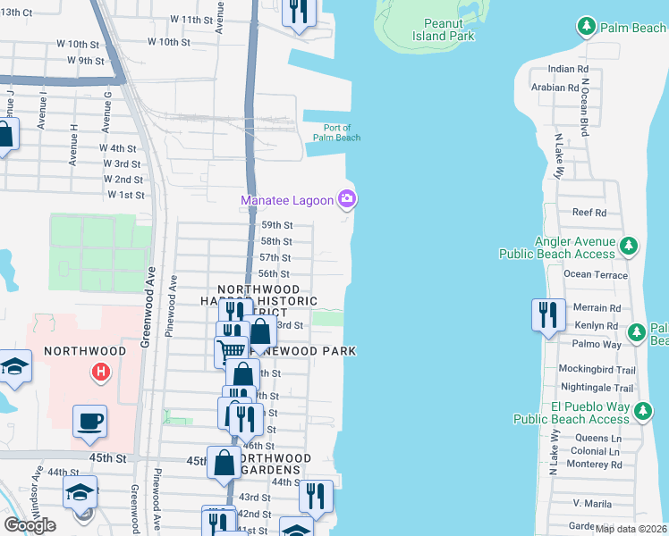 map of restaurants, bars, coffee shops, grocery stores, and more near 5806 North Flagler Drive in West Palm Beach