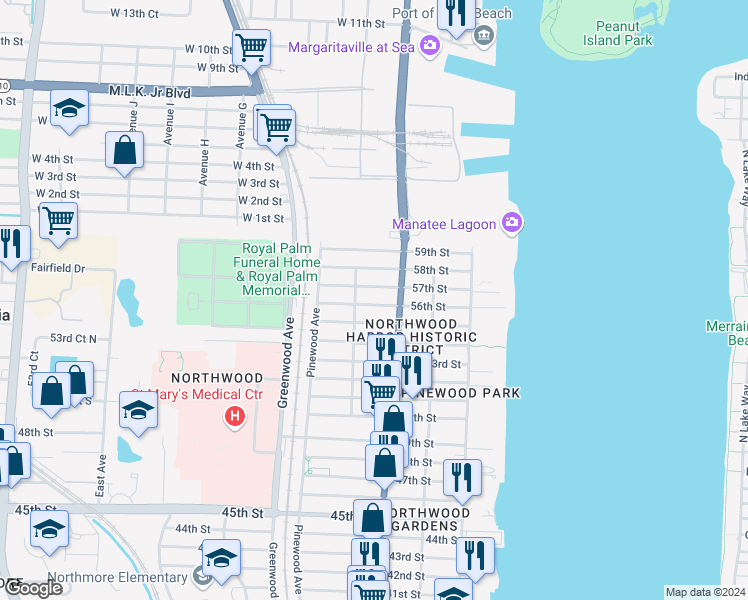 map of restaurants, bars, coffee shops, grocery stores, and more near 626 57th Street in West Palm Beach