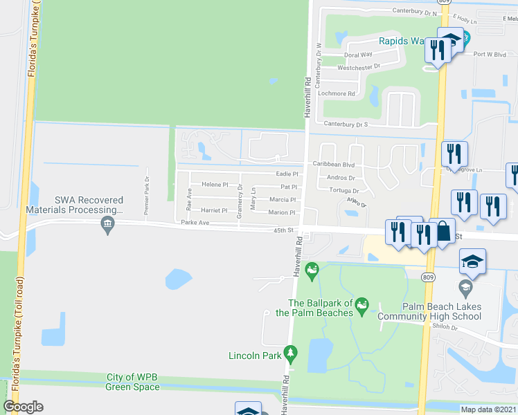 map of restaurants, bars, coffee shops, grocery stores, and more near 5710 Mary Lane in West Palm Beach