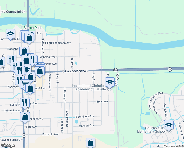 map of restaurants, bars, coffee shops, grocery stores, and more near 749 East Hickpochee Avenue in LaBelle