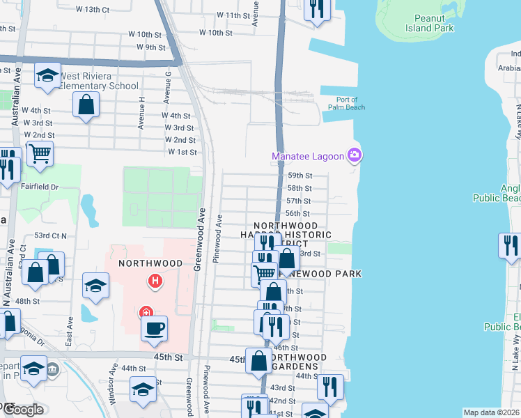 map of restaurants, bars, coffee shops, grocery stores, and more near 626 57th Street in West Palm Beach