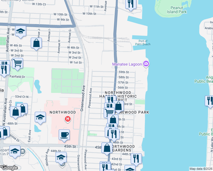 map of restaurants, bars, coffee shops, grocery stores, and more near 626 57th Street in West Palm Beach