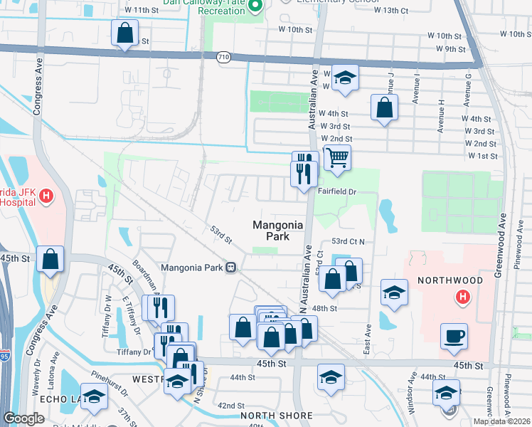 map of restaurants, bars, coffee shops, grocery stores, and more near 1321 53rd Street in West Palm Beach