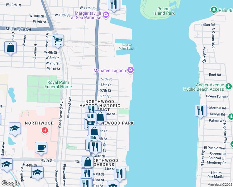 map of restaurants, bars, coffee shops, grocery stores, and more near 5806 North Flagler Drive in West Palm Beach
