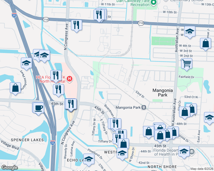 map of restaurants, bars, coffee shops, grocery stores, and more near 5633 Mentmore Drive in Mangonia Park