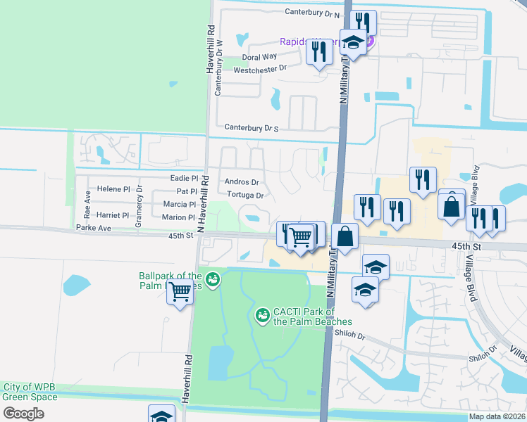 map of restaurants, bars, coffee shops, grocery stores, and more near 4821 Arjaro Drive in West Palm Beach