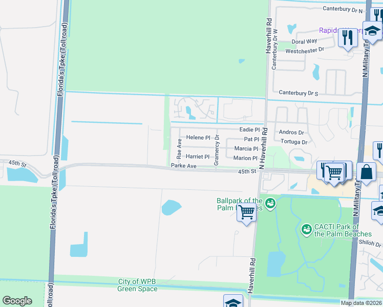 map of restaurants, bars, coffee shops, grocery stores, and more near 5388 Marcia Place in West Palm Beach