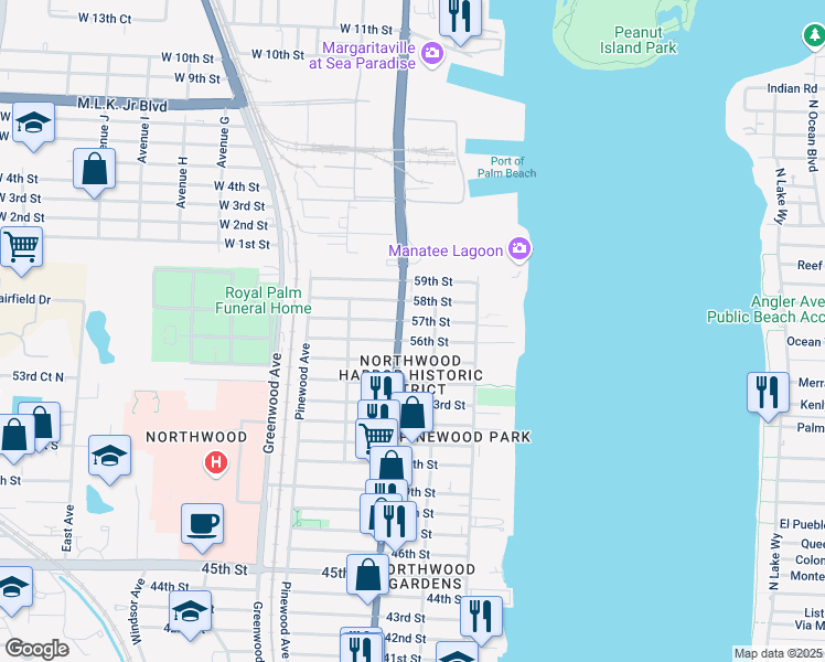map of restaurants, bars, coffee shops, grocery stores, and more near 5706 Broadway Avenue in West Palm Beach