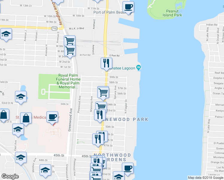 map of restaurants, bars, coffee shops, grocery stores, and more near 5706 Broadway Avenue in West Palm Beach
