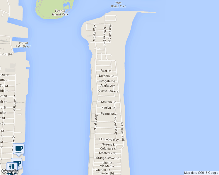 map of restaurants, bars, coffee shops, grocery stores, and more near 208 Angler Ave in Palm Beach