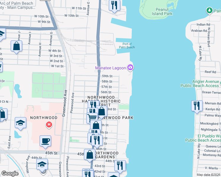 map of restaurants, bars, coffee shops, grocery stores, and more near 428 57th Street in West Palm Beach