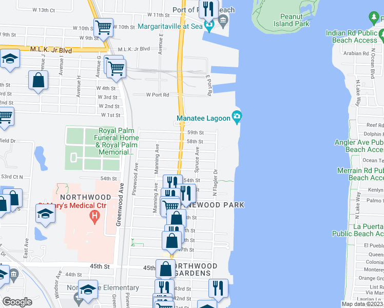 map of restaurants, bars, coffee shops, grocery stores, and more near 5706 Broadway Avenue in West Palm Beach