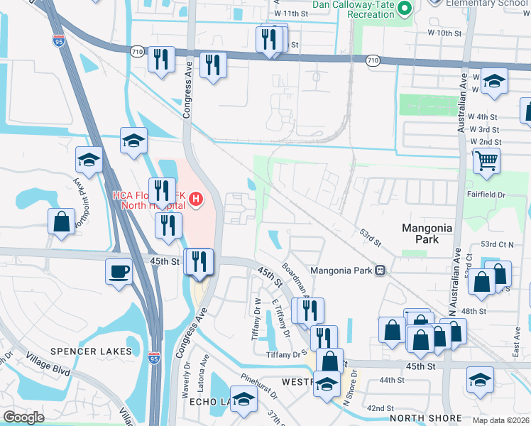 map of restaurants, bars, coffee shops, grocery stores, and more near 4650 North Congress Avenue in West Palm Beach