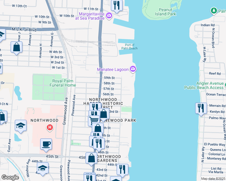 map of restaurants, bars, coffee shops, grocery stores, and more near 428 57th Street in West Palm Beach