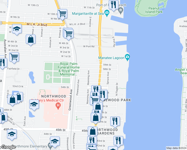 map of restaurants, bars, coffee shops, grocery stores, and more near 626 57th Street in West Palm Beach
