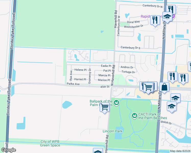 map of restaurants, bars, coffee shops, grocery stores, and more near 5710 Mary Lane in West Palm Beach