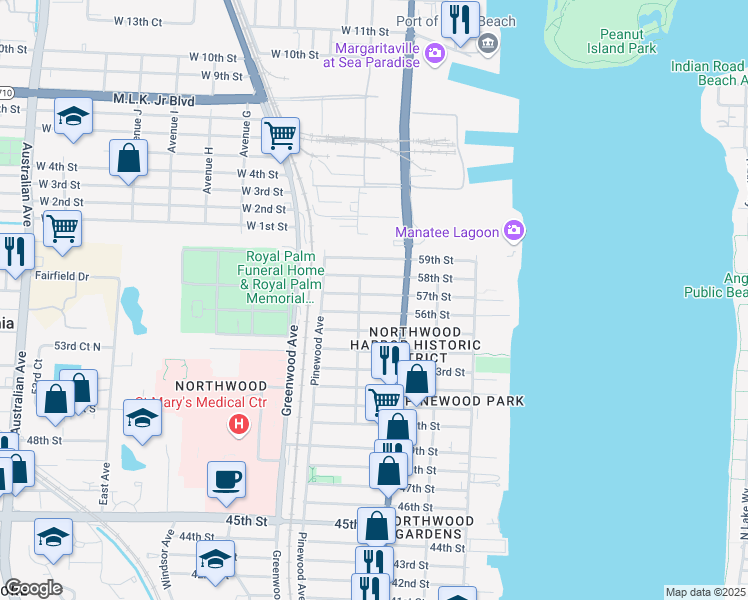 map of restaurants, bars, coffee shops, grocery stores, and more near 626 57th Street in West Palm Beach
