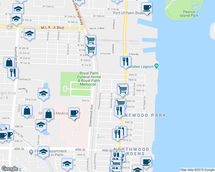 map of restaurants, bars, coffee shops, grocery stores, and more near 712 57th Street in West Palm Beach