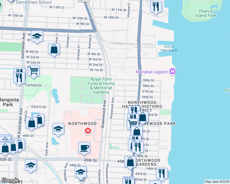 map of restaurants, bars, coffee shops, grocery stores, and more near 5710 Pinewood Avenue in West Palm Beach