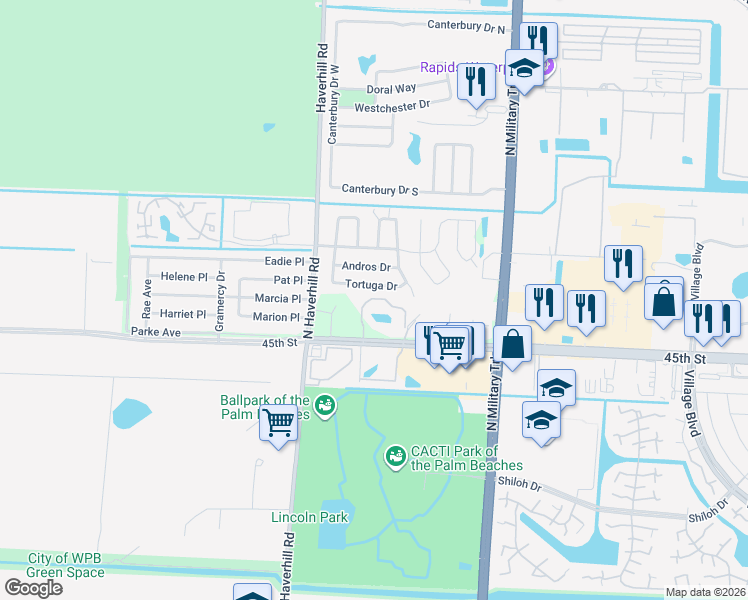 map of restaurants, bars, coffee shops, grocery stores, and more near 4821 Arjaro Drive in West Palm Beach