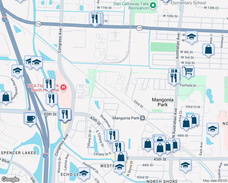 map of restaurants, bars, coffee shops, grocery stores, and more near 1492 53rd Street in West Palm Beach