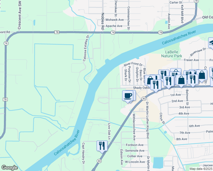 map of restaurants, bars, coffee shops, grocery stores, and more near 467 Live Oak Lane in LaBelle