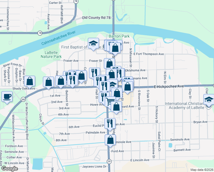 map of restaurants, bars, coffee shops, grocery stores, and more near in LaBelle