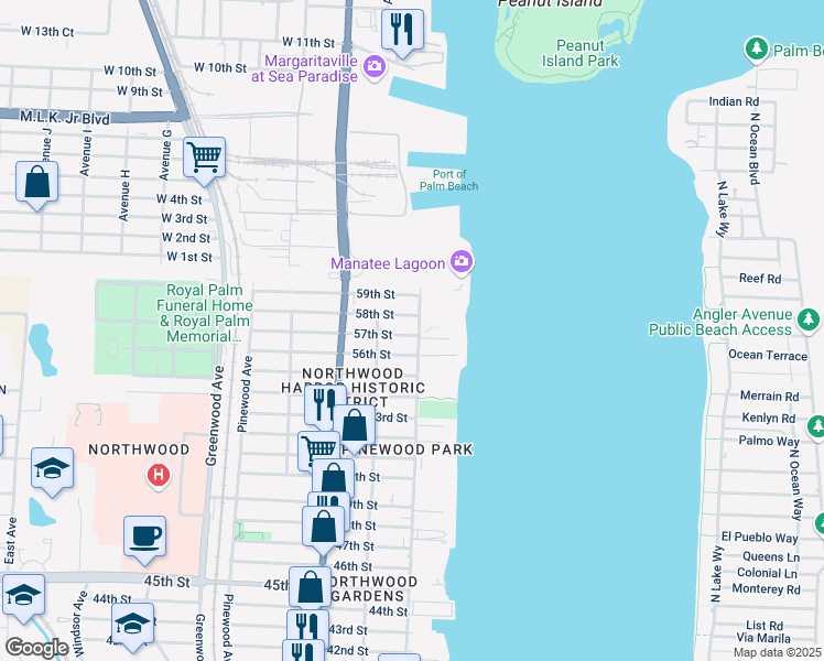map of restaurants, bars, coffee shops, grocery stores, and more near 5806 North Flagler Drive in West Palm Beach