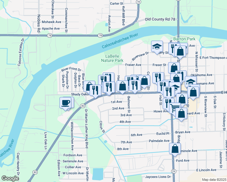 map of restaurants, bars, coffee shops, grocery stores, and more near 500 West Hickpochee Avenue in LaBelle
