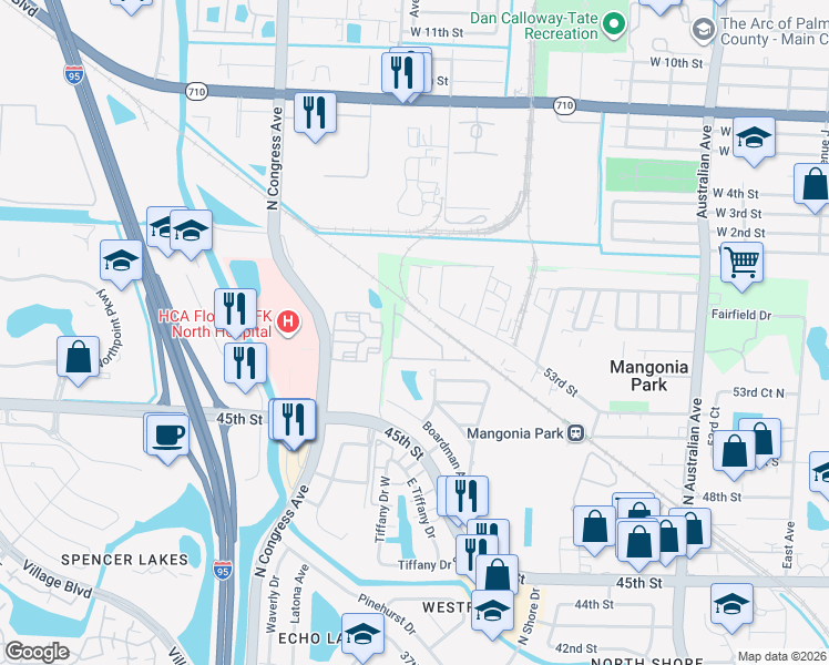 map of restaurants, bars, coffee shops, grocery stores, and more near 5633 Mentmore Drive in Mangonia Park