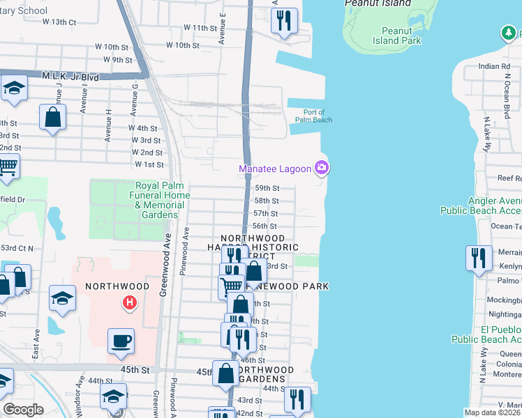 map of restaurants, bars, coffee shops, grocery stores, and more near 5706 Broadway Avenue in West Palm Beach