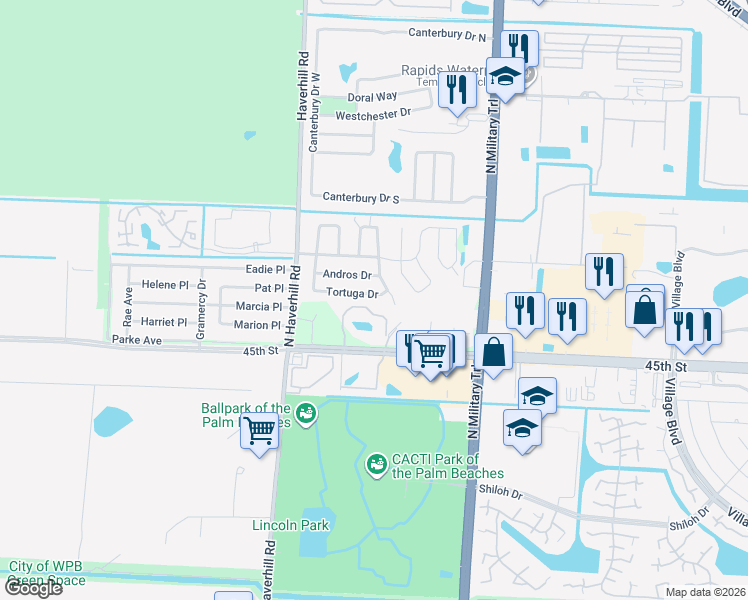 map of restaurants, bars, coffee shops, grocery stores, and more near 4790 Tortuga Drive in West Palm Beach