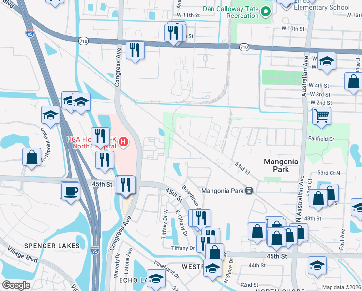 map of restaurants, bars, coffee shops, grocery stores, and more near 5633 Mentmore Drive in Mangonia Park