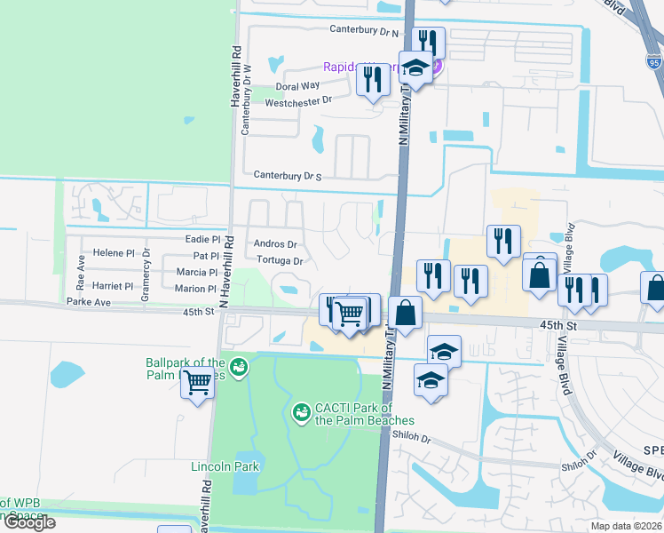 map of restaurants, bars, coffee shops, grocery stores, and more near 5756 Aruba Way in West Palm Beach