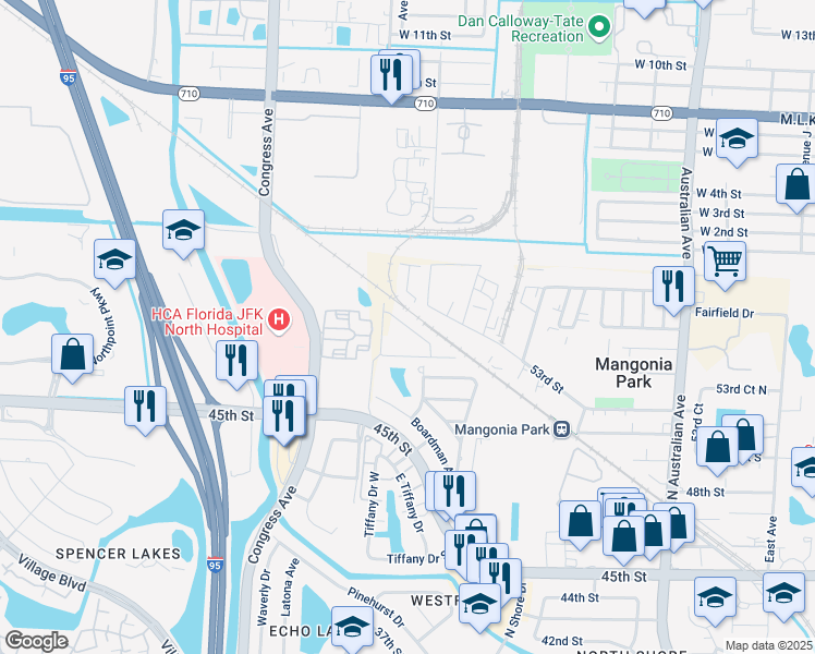 map of restaurants, bars, coffee shops, grocery stores, and more near Mentmore Drive in Mangonia Park