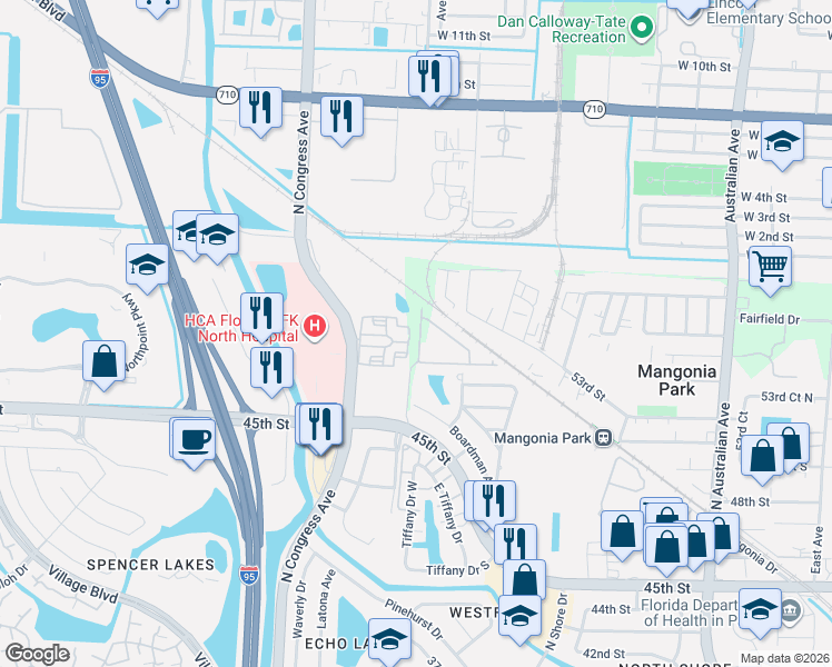 map of restaurants, bars, coffee shops, grocery stores, and more near 4650 North Congress Avenue in West Palm Beach