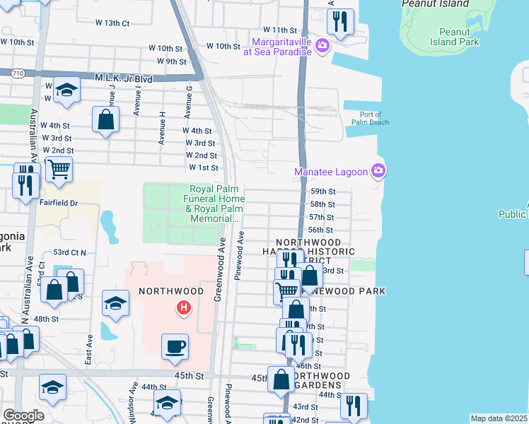 map of restaurants, bars, coffee shops, grocery stores, and more near 712 57th Street in West Palm Beach